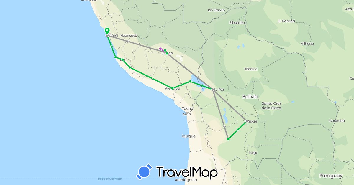 TravelMap itinerary: driving, bus, plane, train in Bolivia, Peru (South America)